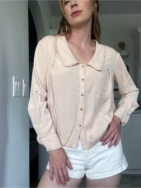 Fate Pale Blush Button-Down Long Sleeve Shirt with dainty collar